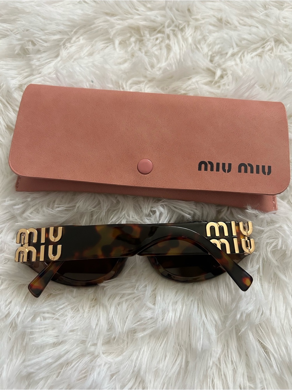 Miu Miu Tortoiseshell Sunglasses with Gold Logo and Pink Case